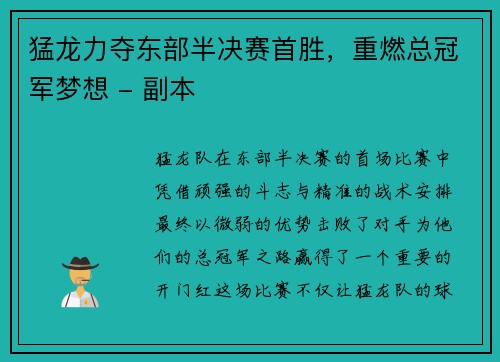 猛龙力夺东部半决赛首胜，重燃总冠军梦想 - 副本