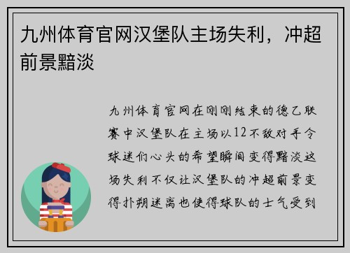九州体育官网汉堡队主场失利，冲超前景黯淡