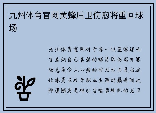 九州体育官网黄蜂后卫伤愈将重回球场